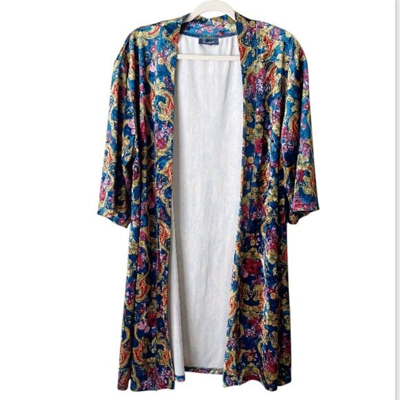 ModCloth | Layer For Keeps Velvet Kimono Duster Floral Bohemian Blue Yellow S/M - Picture 3 of 9
